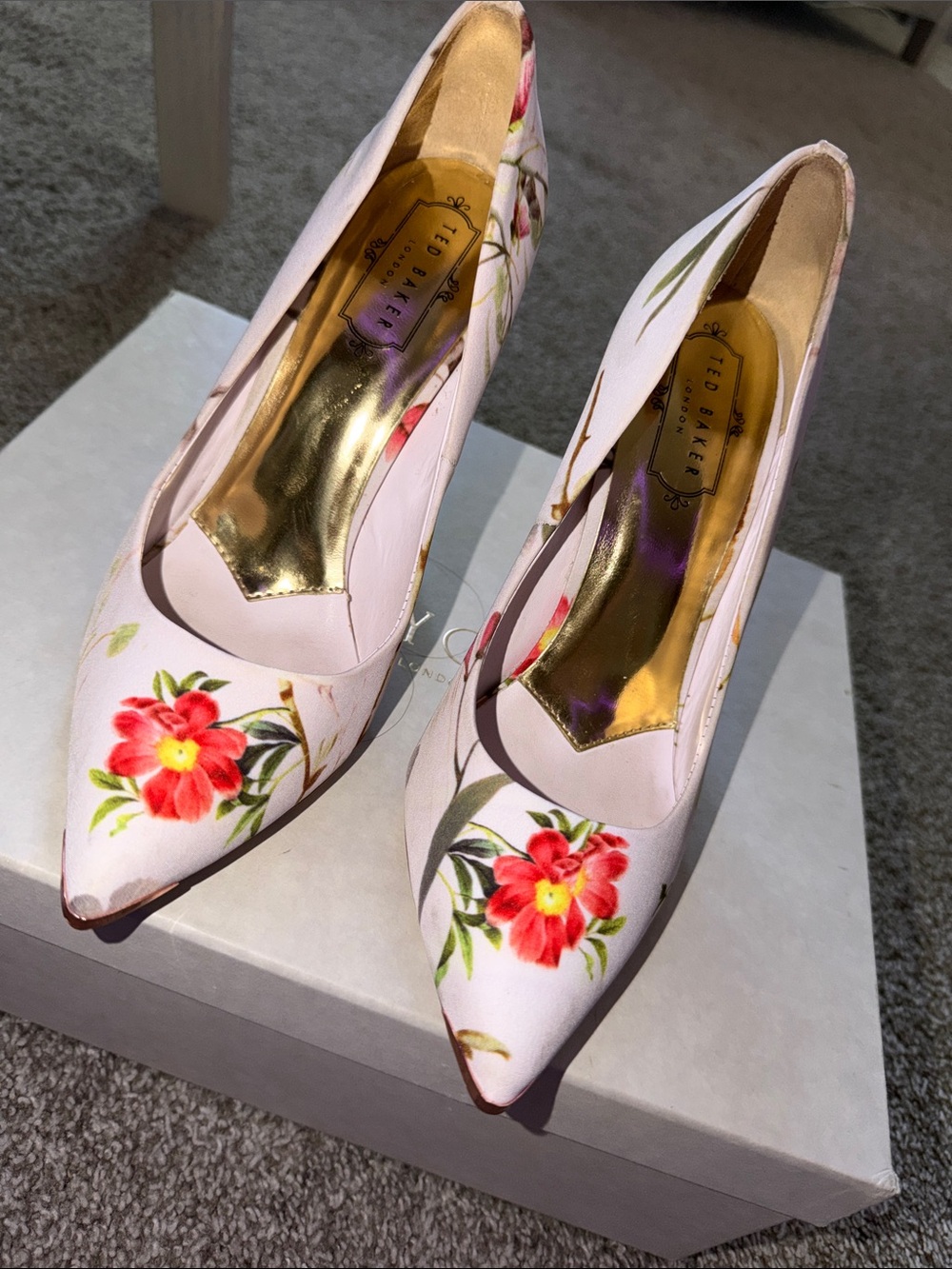 Ted Baker Pink Floral Pointed Pumps with Red Flower Detail